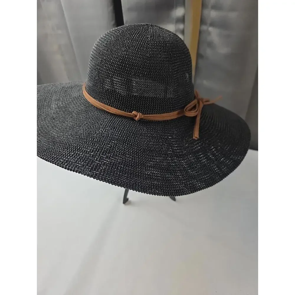 Women's Wide Brim Hat‎ BoHo Festival Brown Faux Leather Band Adjustable EUC